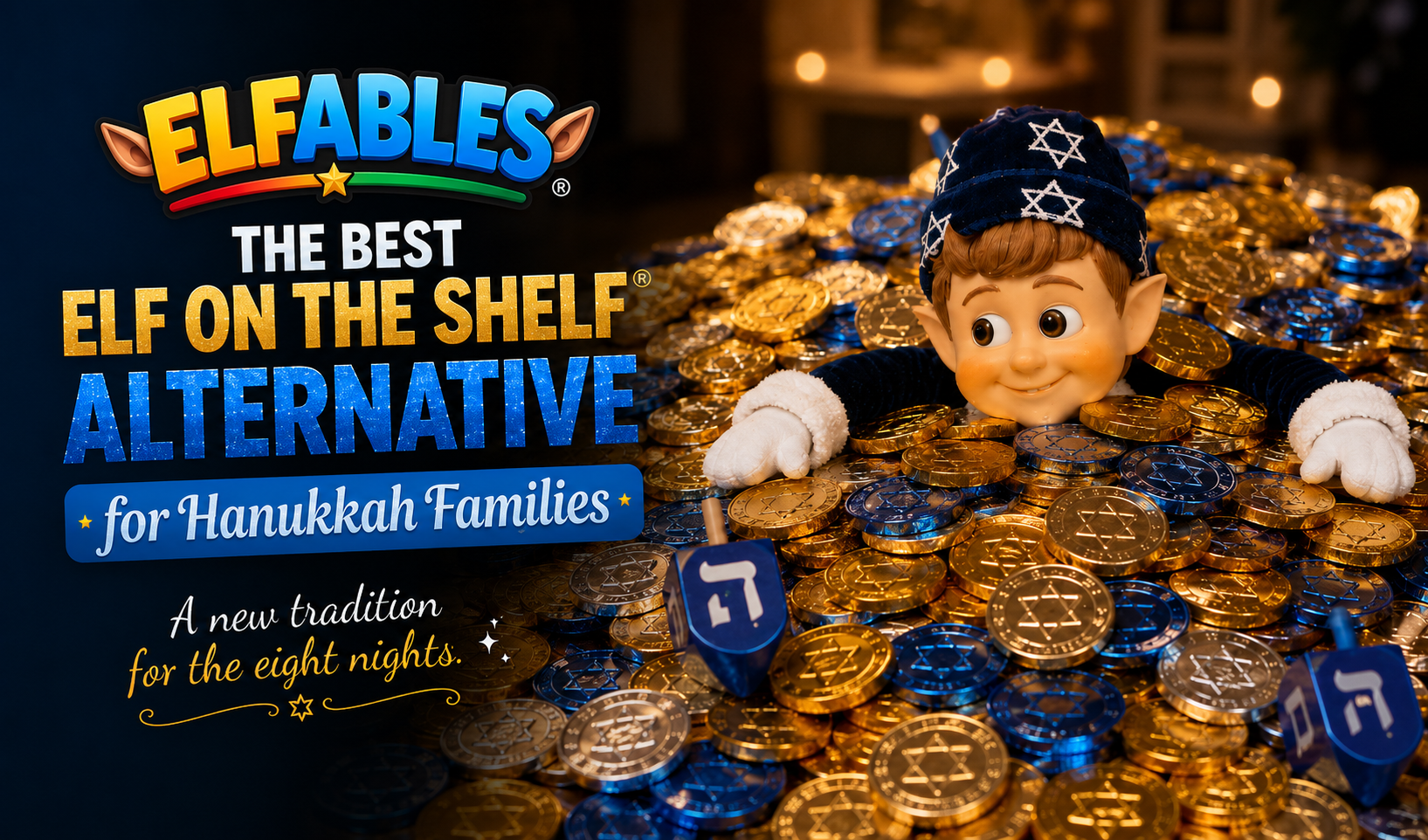 Geltie the Elfables Hanukkah elf doll — mischievous elf alternative designed for the eight nights of Hanukkah