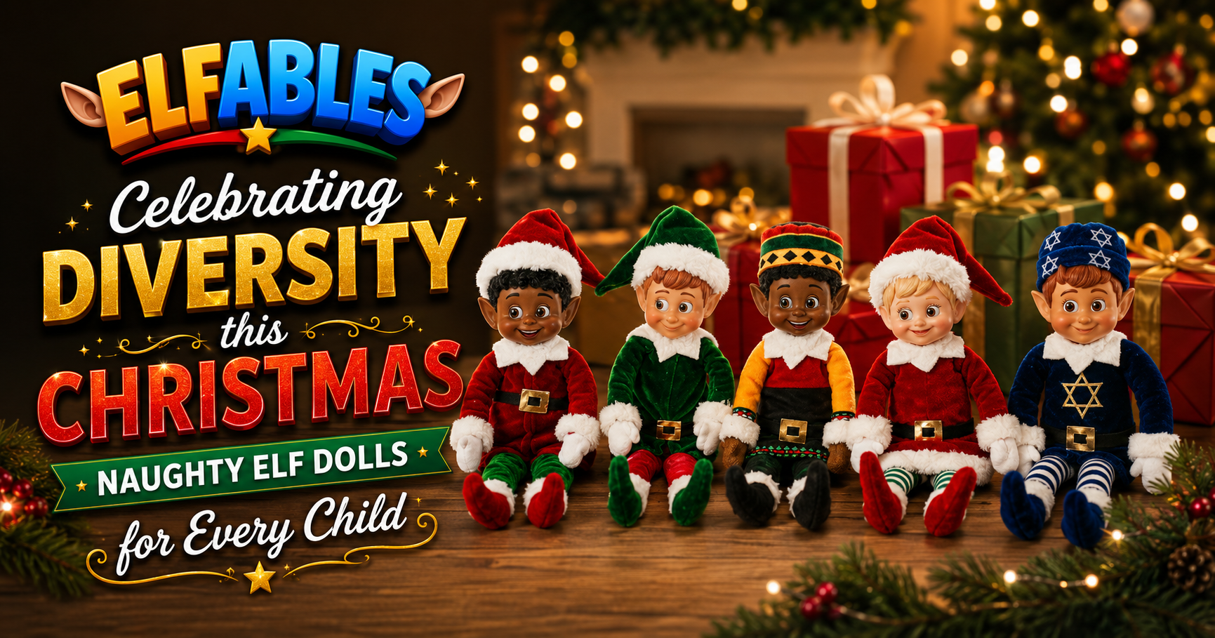 Elfables diverse holiday elf dolls — five mischievous elves for Christmas, Hanukkah, and Kwanzaa representing every family
