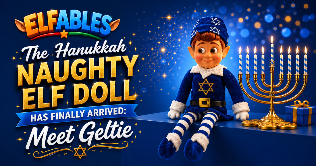 Geltie the Hanukkah elf doll from Elfables — the first mischievous elf doll designed specifically for the eight nights of Hanukkah