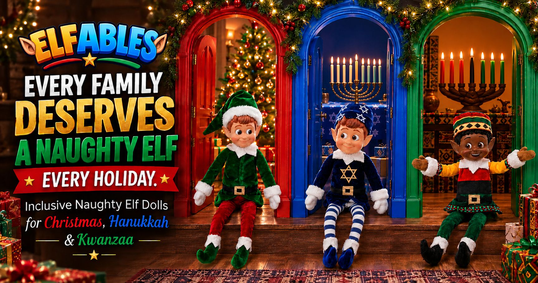 Elfables inclusive holiday elf dolls for every family — five diverse mischievous elves for Christmas, Hanukkah, and Kwanzaa