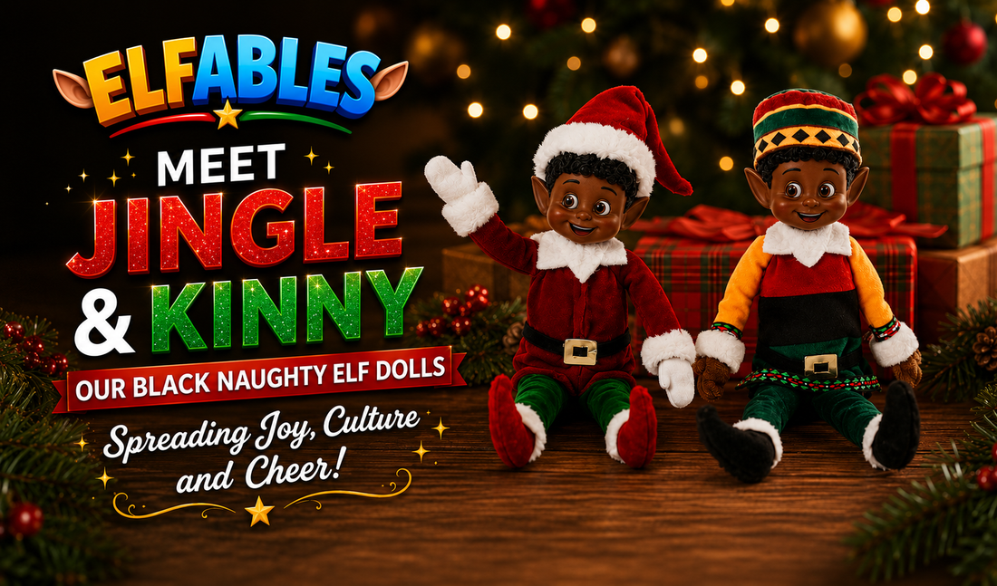 Jingle and Kinny from Elfables — diverse holiday elf dolls representing Black children in Christmas and Kwanzaa traditions