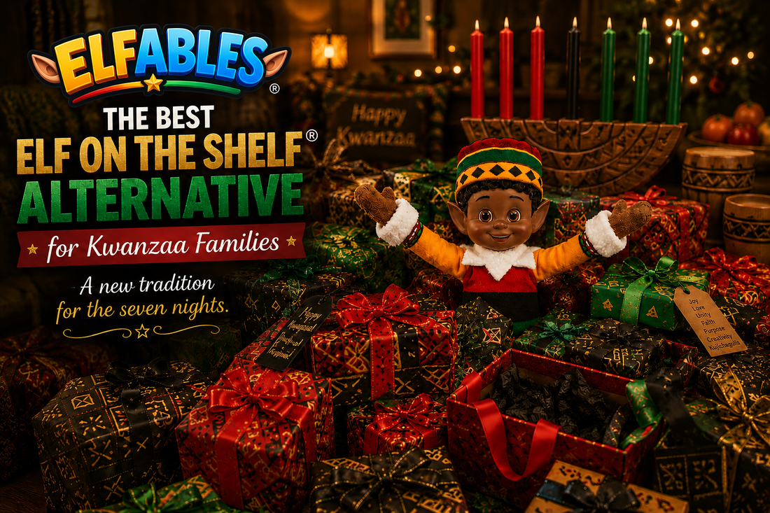 Kinny the Elfables Kwanzaa elf doll — mischievous elf alternative designed for the seven nights of Kwanzaa