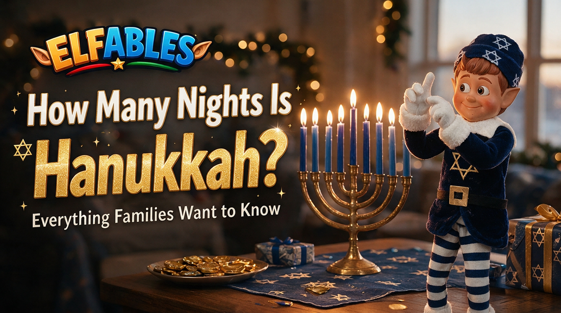 Geltie the Elfables Hanukkah elf doll counting the nights of Hanukkah beside a lit menorah