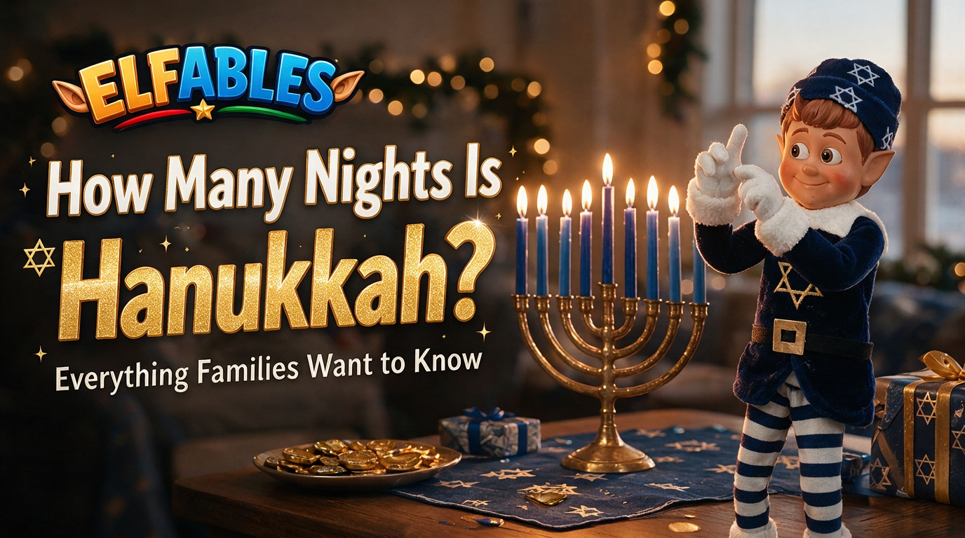 Geltie the Elfables Hanukkah elf doll counting the nights of Hanukkah beside a lit menorah