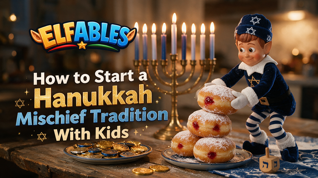 Geltie the Elfables Hanukkah elf doll starting a mischief tradition with dreidels and gelt coins for kids