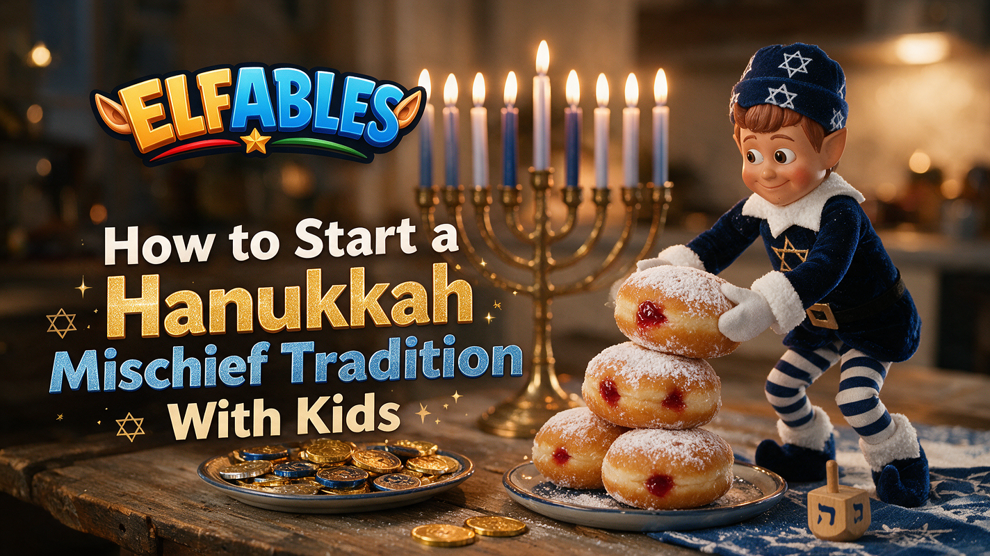 Geltie the Elfables Hanukkah elf doll starting a mischief tradition with dreidels and gelt coins for kids