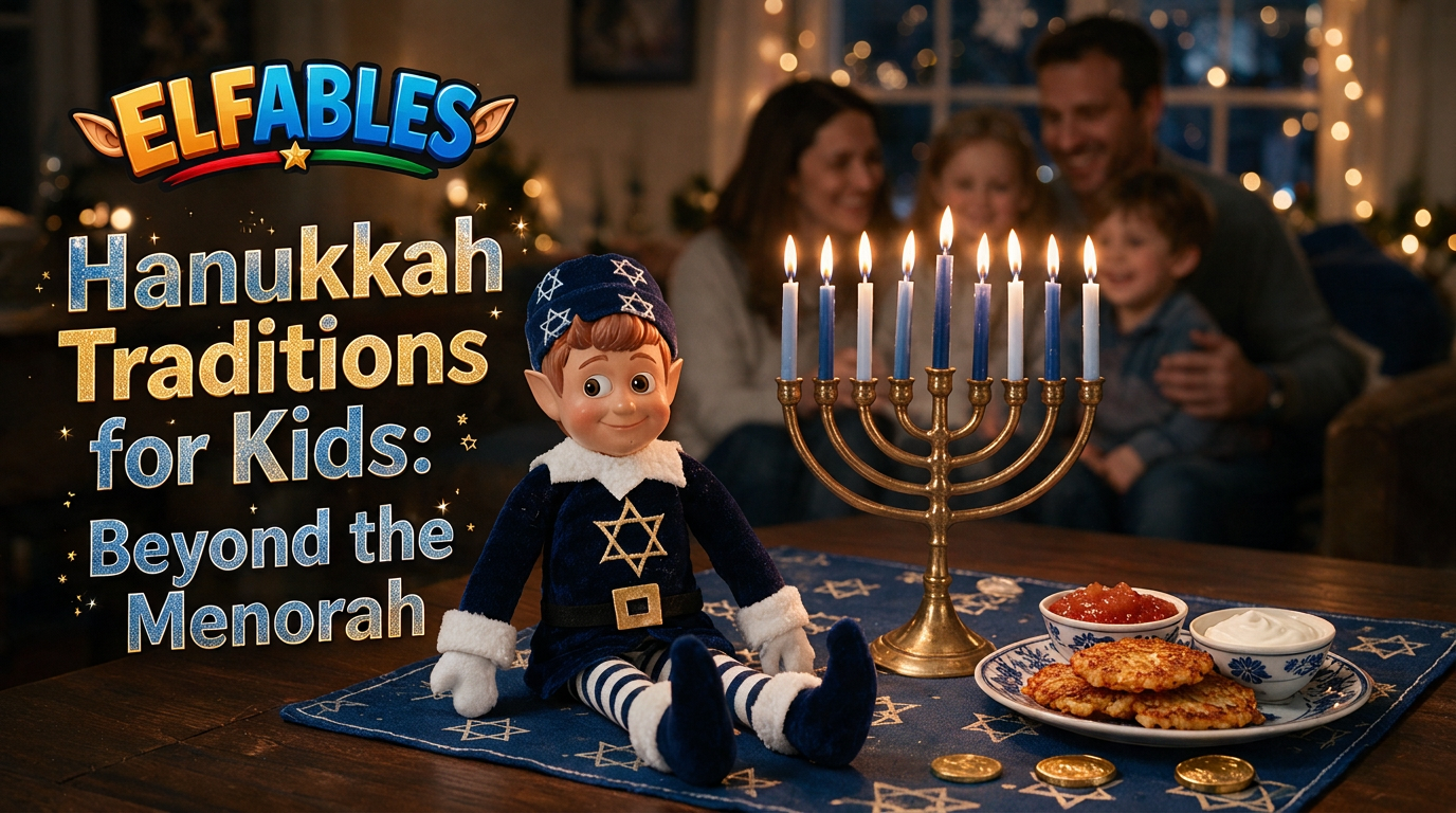 Geltie the Elfables Hanukkah elf doll with a menorah and latkes, celebrating Hanukkah traditions for kids