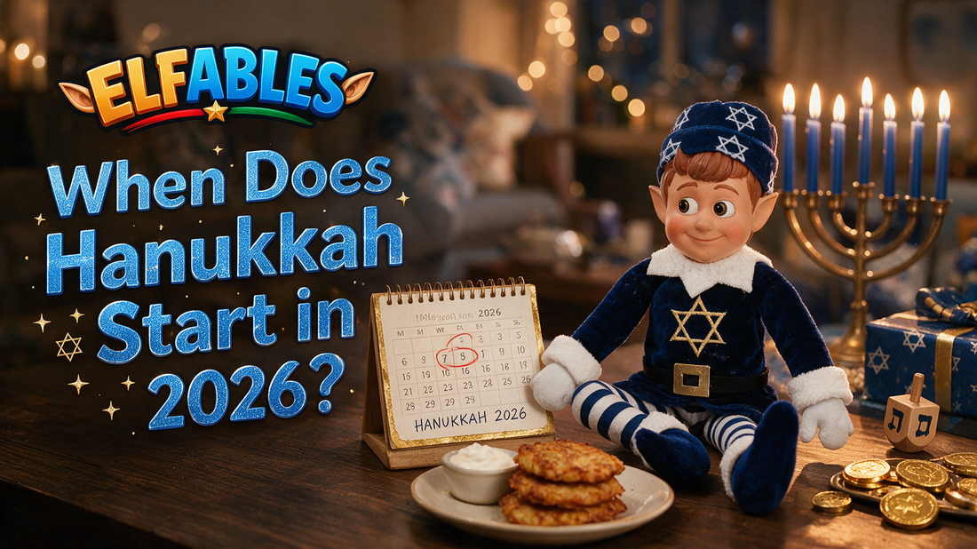 Geltie the Elfables Hanukkah elf doll pointing to a 2026 calendar marking when Hanukkah starts