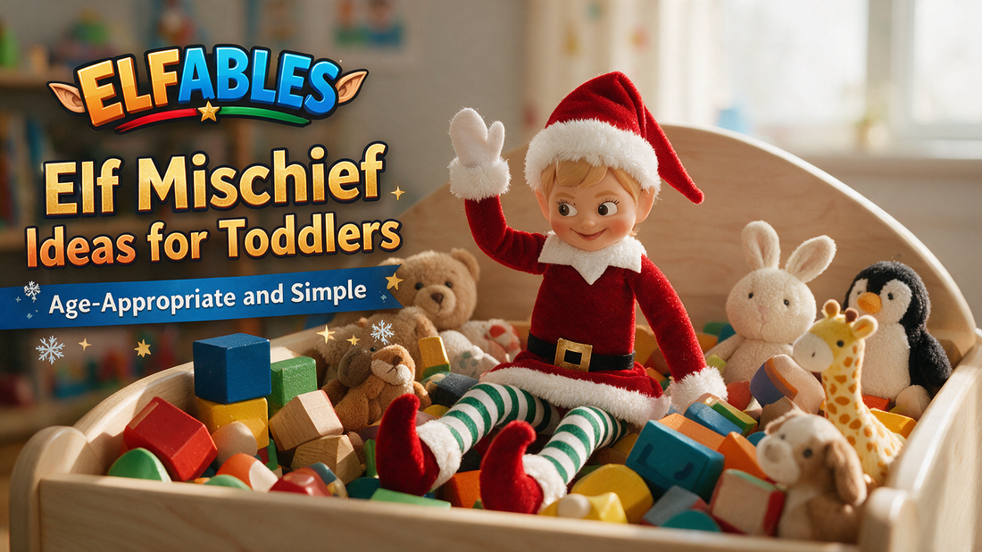 Holly the Elfables Christmas elf doll with toddler toys, showing age-appropriate elf mischief ideas for toddlers