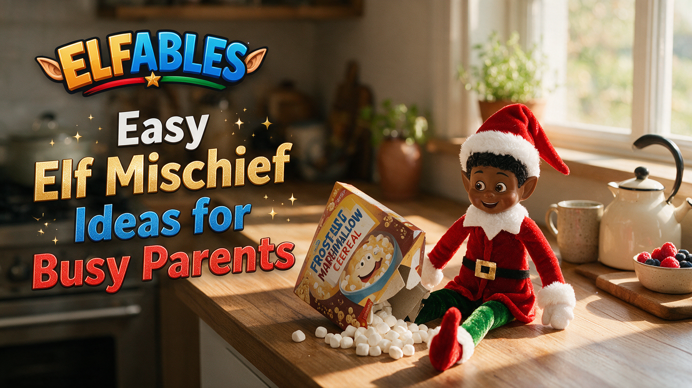 Jingle the Elfables Christmas elf doll with a simple cereal box prank, an easy elf mischief idea for busy parents