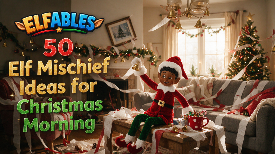 Jingle the Elfables Christmas elf doll mid-mischief with streamers and bells, 50 elf mischief ideas for Christmas morning