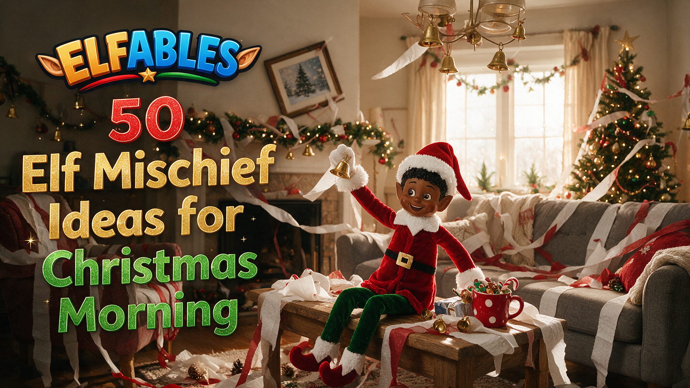 Jingle the Elfables Christmas elf doll mid-mischief with streamers and bells, 50 elf mischief ideas for Christmas morning