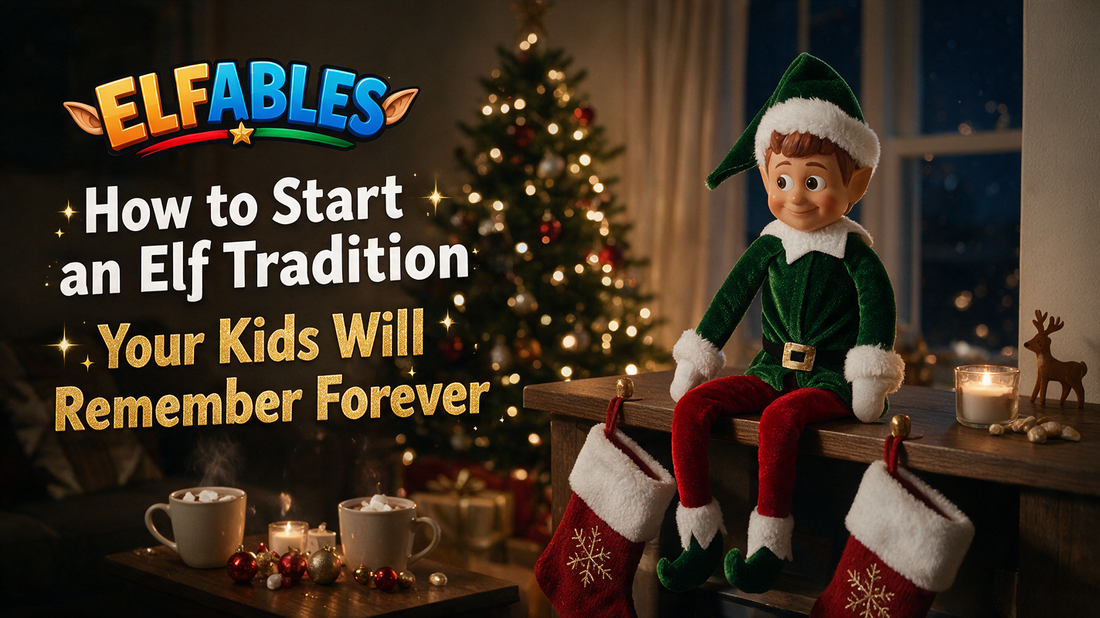 Jolly the Elfables Christmas elf doll on a shelf at night, helping families start an elf tradition kids will remember