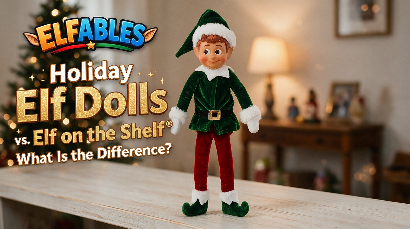 Jolly the Elfables Christmas elf doll on a wooden shelf, comparing holiday elf dolls to the Elf on the Shelf alternative