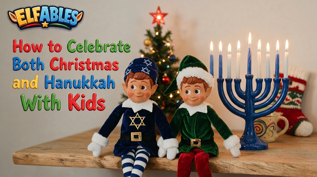 Jolly and Geltie from Elfables celebrating both Christmas and Hanukkah together with a tree and lit menorah