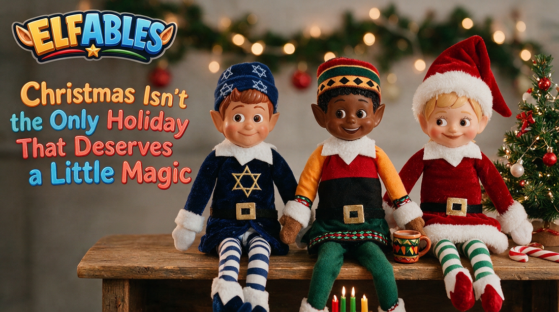 Jolly, Geltie, and Kinny from Elfables celebrating that every holiday deserves its own mischievous elf magic