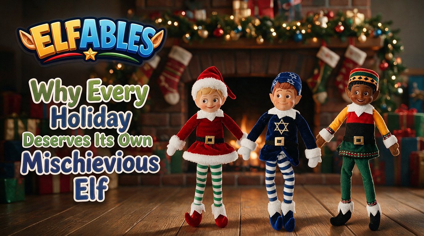 Jolly, Geltie, and Kinny from Elfables — mischievous holiday elf dolls representing Christmas, Hanukkah, and Kwanzaa together
