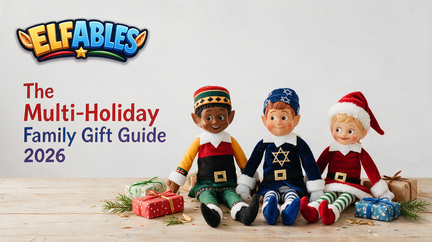 Jolly, Geltie, and Kinny from Elfables — multi-holiday family gift guide featuring Christmas, Hanukkah, and Kwanzaa elf dolls