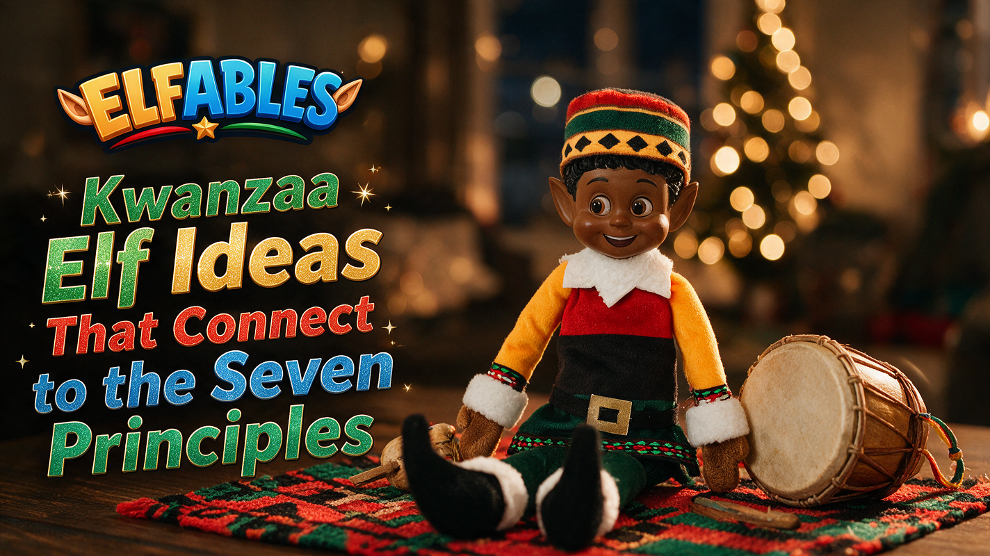 Kinny the Elfables Kwanzaa elf doll with mischief props connecting to the seven principles of Kwanzaa