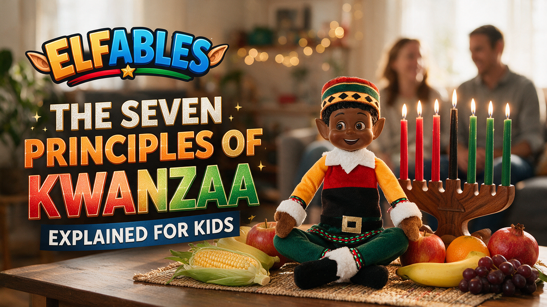 Kinny the Elfables Kwanzaa elf doll beside seven candles representing the seven principles of Kwanzaa for kids