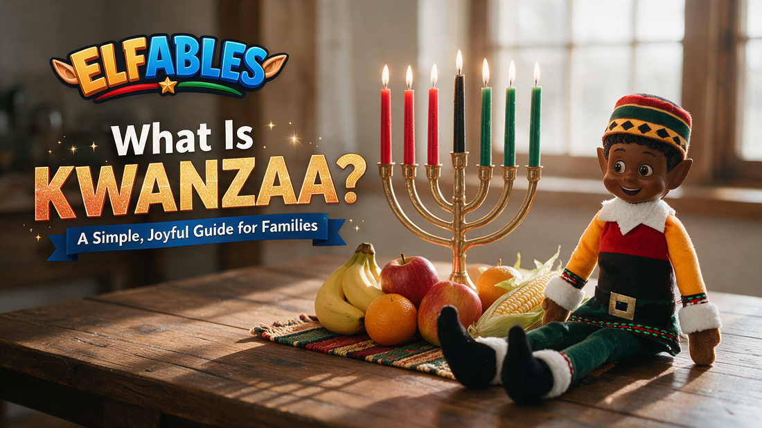 Kinny the Elfables Kwanzaa elf doll with a kinara and woven mat, a simple joyful guide to Kwanzaa for families