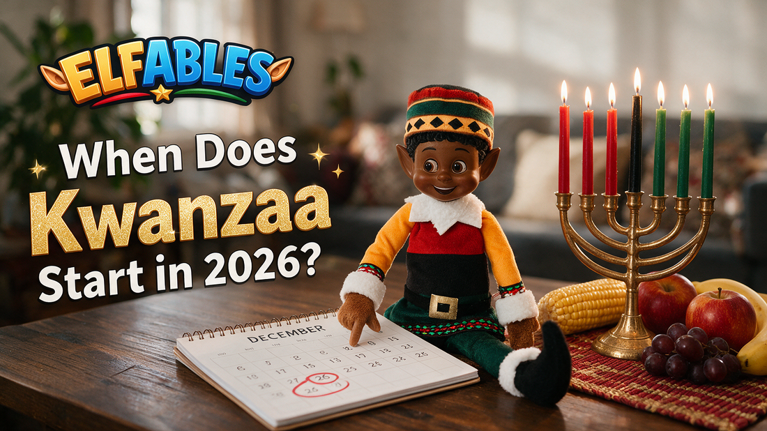 Kinny the Elfables Kwanzaa elf doll pointing to a 2026 calendar marking when Kwanzaa starts
