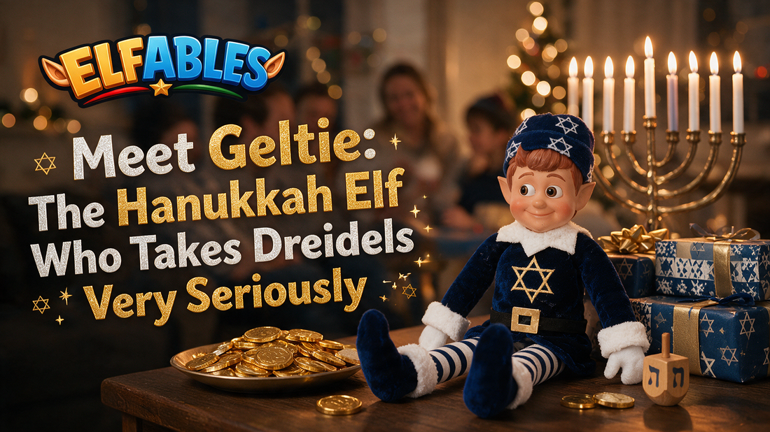Geltie the Elfables Hanukkah elf doll spinning a dreidel — the Hanukkah elf who takes dreidels very seriously