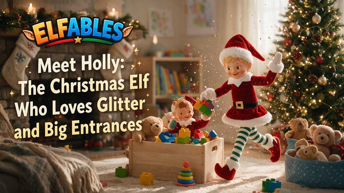 Holly the Elfables Christmas elf doll making a glittery entrance — the Christmas elf who loves glitter and big entrances