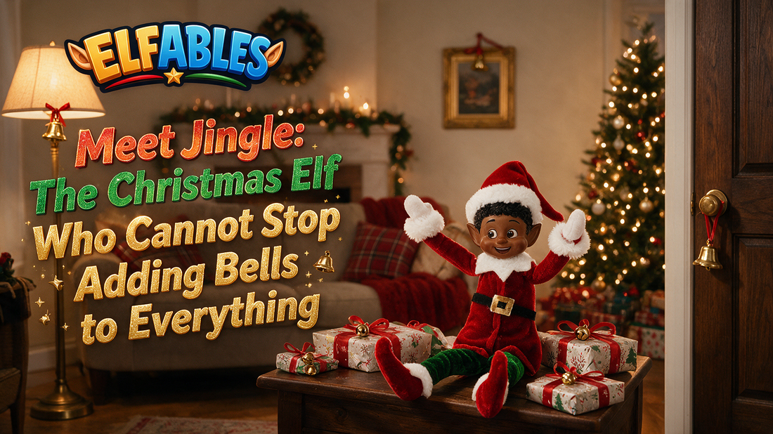 Jingle the Elfables Christmas elf doll surrounded by bells — the Christmas elf who cannot stop adding bells to everything