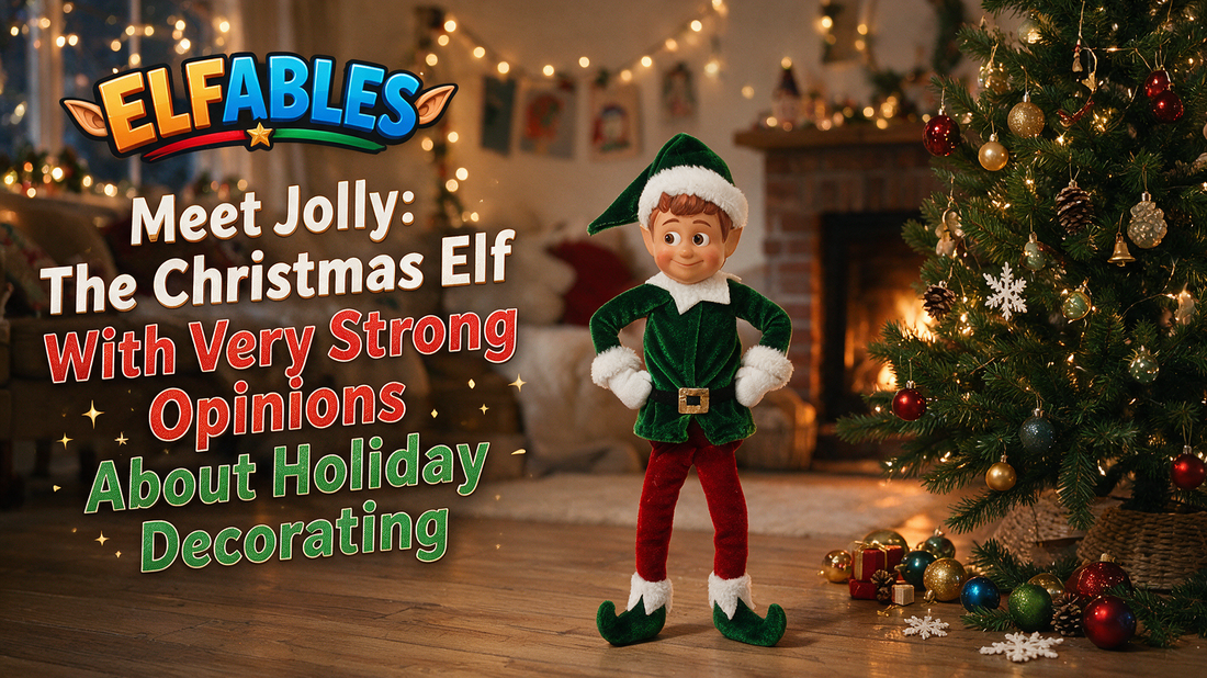Jolly the Elfables Christmas elf doll beside a half-decorated tree — the Christmas elf with strong opinions about decorating