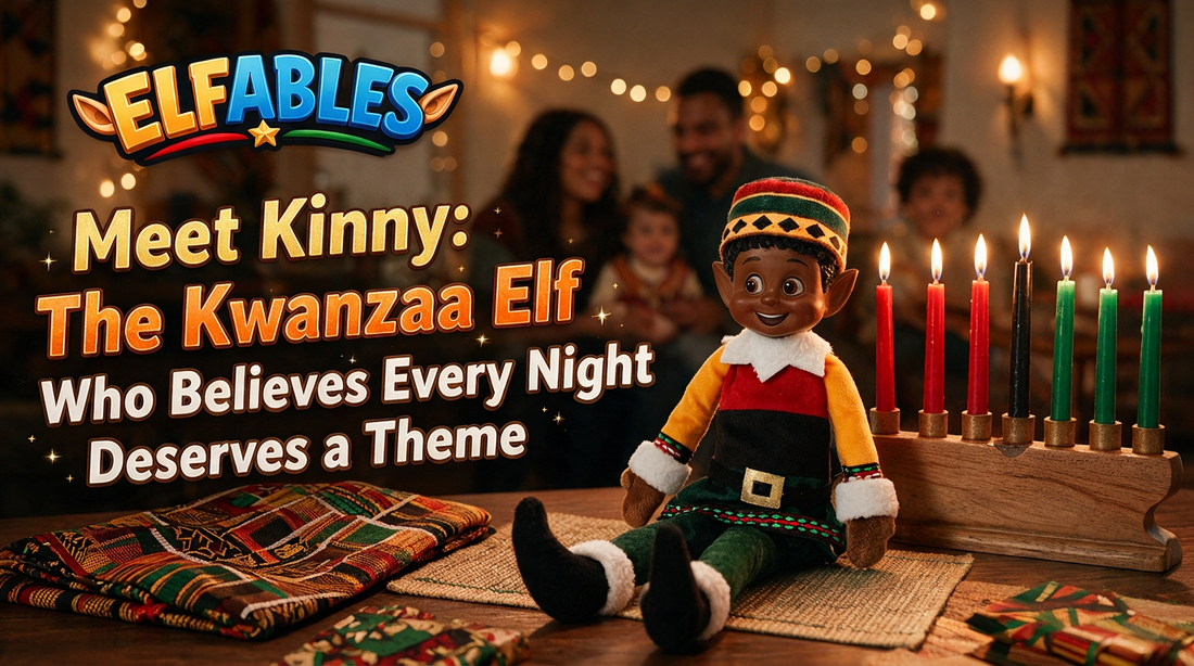Kinny the Elfables Kwanzaa elf doll with a kinara — the Kwanzaa elf who believes every night deserves a theme