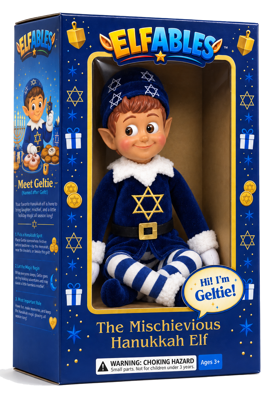 Elfables Geltie Hanukkah naughty elf doll displayed inside his blue and gold holiday gift box