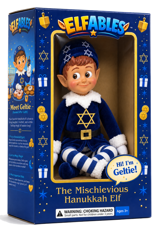 Elfables Geltie Hanukkah naughty elf doll displayed inside his blue and gold holiday gift box