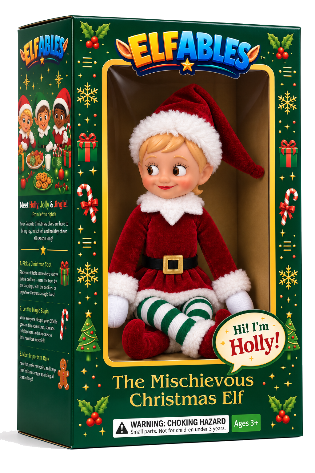Elfables Holly Christmas naughty elf doll displayed inside her green and gold holiday gift box