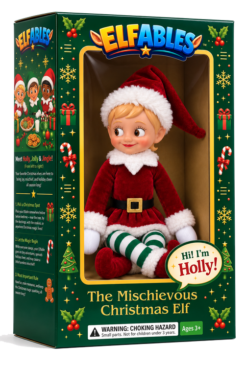 Elfables Holly Christmas naughty elf doll displayed inside her green and gold holiday gift box
