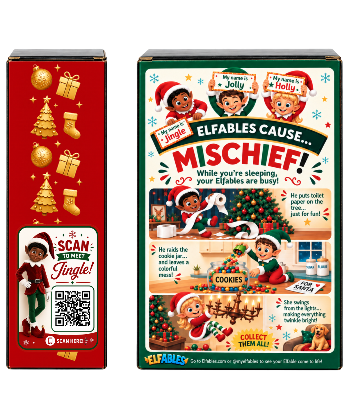 Back and side of the Elfables Jingle Christmas elf box, featuring Jingle with fellow elves Holly and Jolly causing playful holiday mischief, plus a QR code to unlock a personalized elf experience