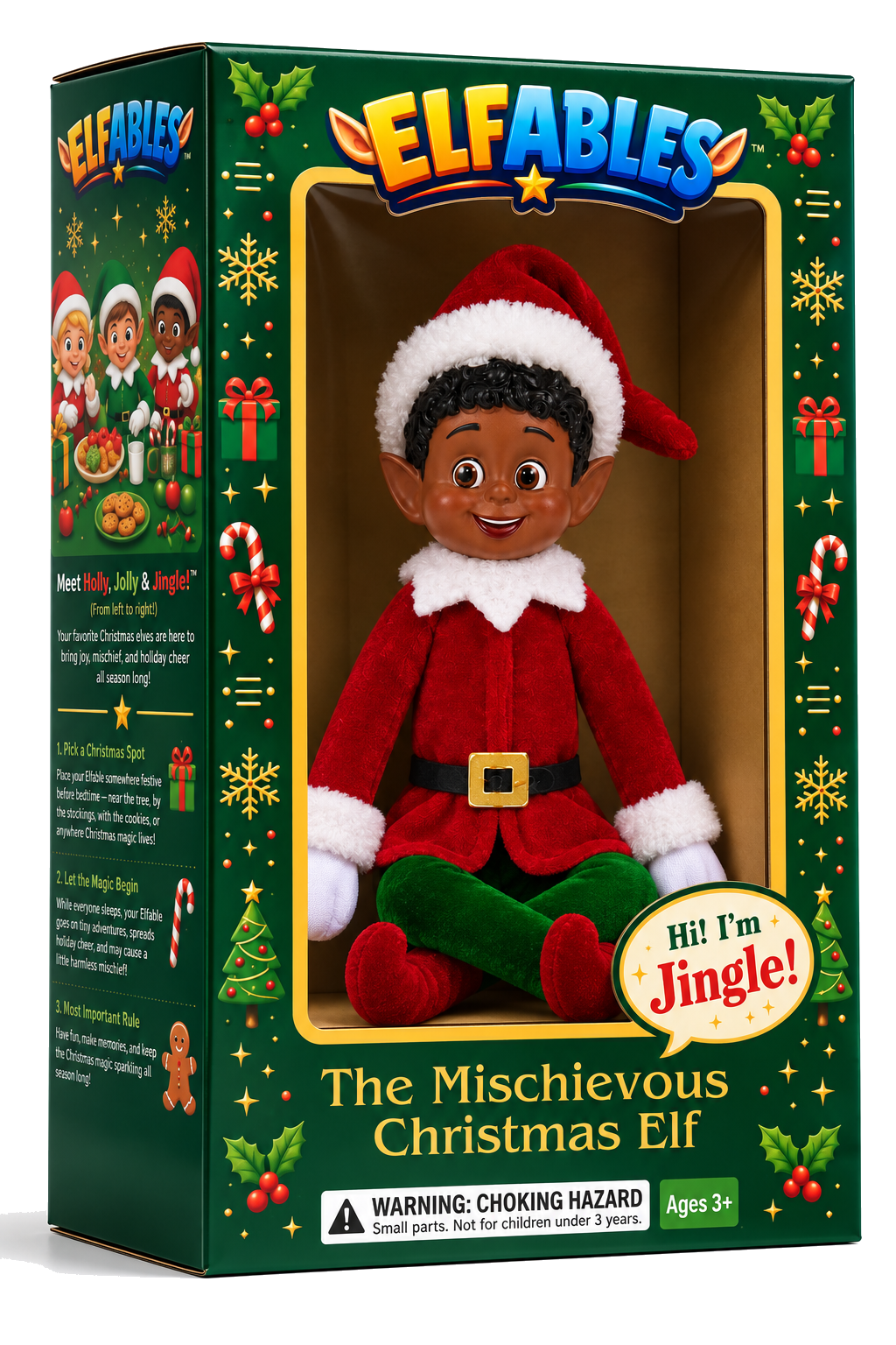 Elfables Jingle Christmas naughty elf doll displayed inside his green and gold holiday gift box