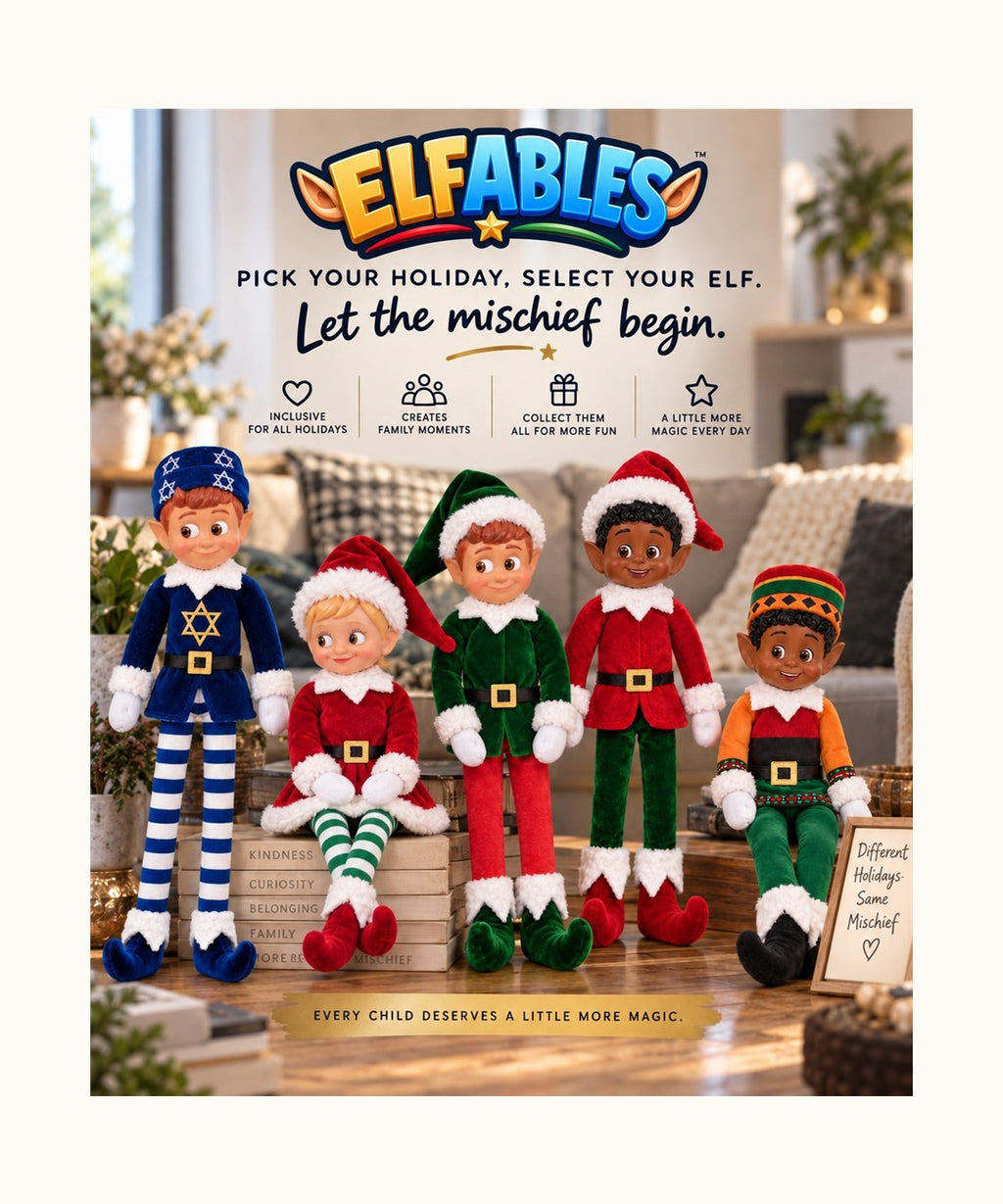 Jingle the Elfables Christmas elf doll pictured together with Holly, Jolly, Geltie, and Kinny, showing the full collection of holiday elf dolls for Christmas, Hanukkah, and Kwanzaa