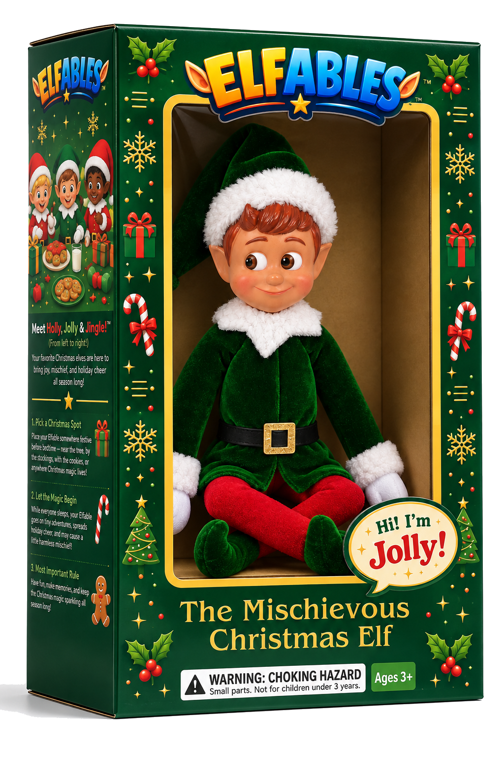 Elfables Jolly Christmas naughty elf doll displayed inside his green and gold holiday gift box