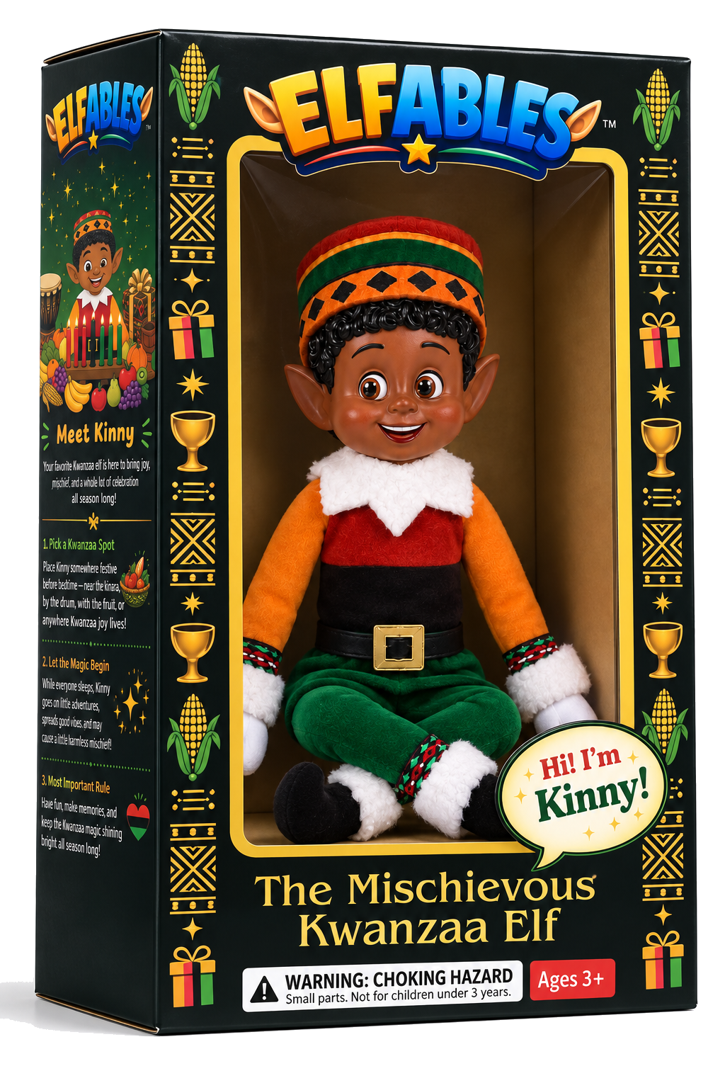 Elfables Kinny Kwanzaa naughty elf doll displayed inside his black, red and green holiday gift box